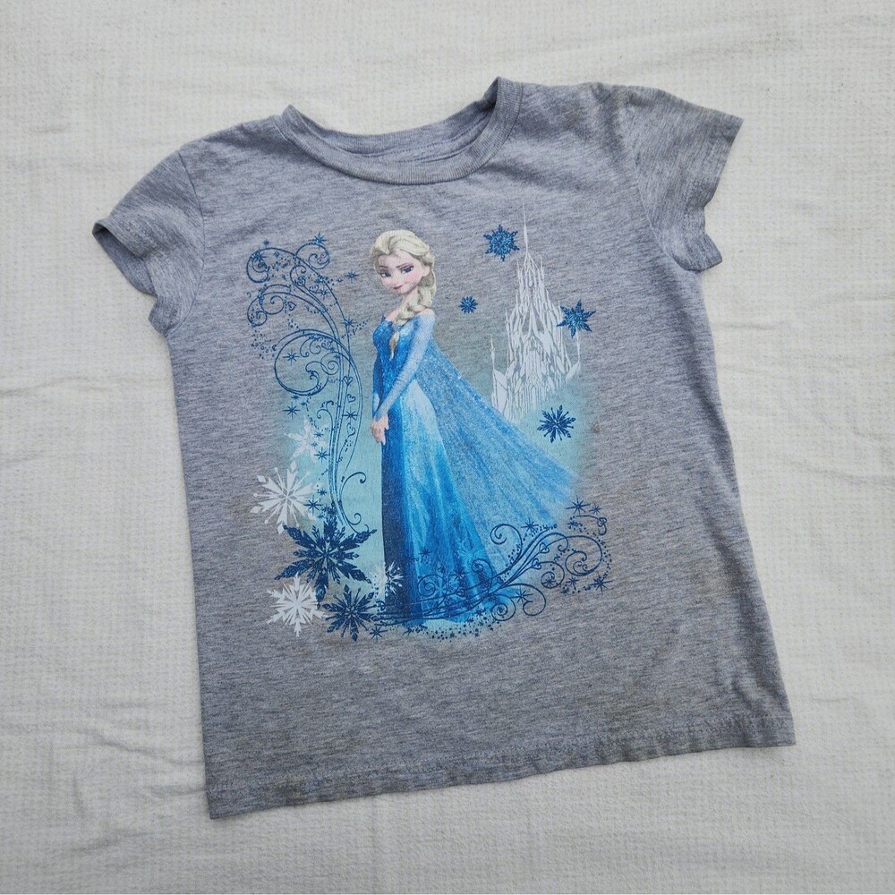 Disney Store Frozen Elsa Girls Graphic Tee T-Shirt Gray Sz S 5/6 Ice Castle